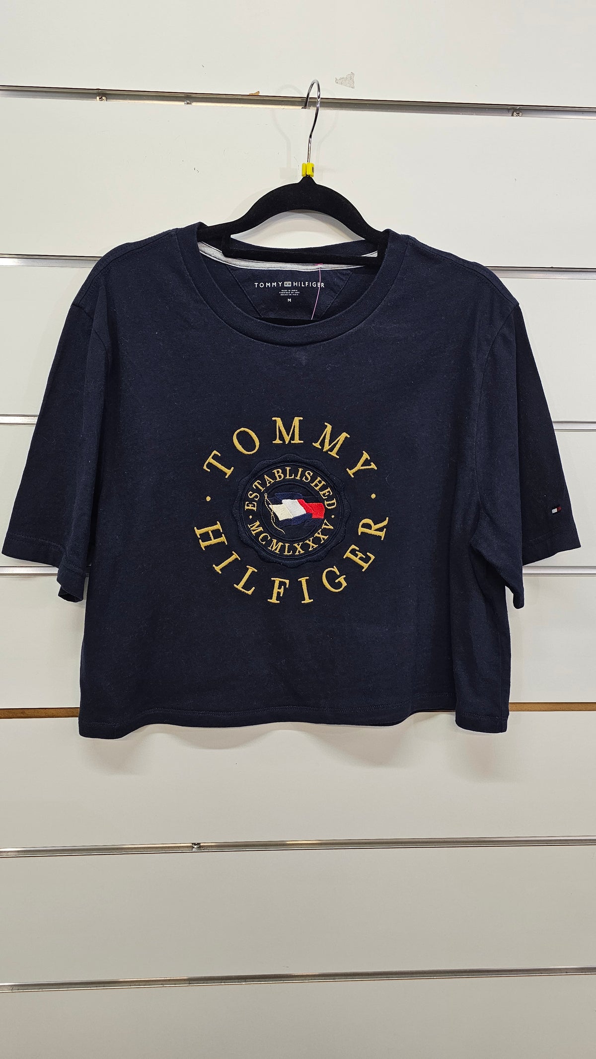 Tommy Navy Cropped T-Shirt with Embroidered Logo - M