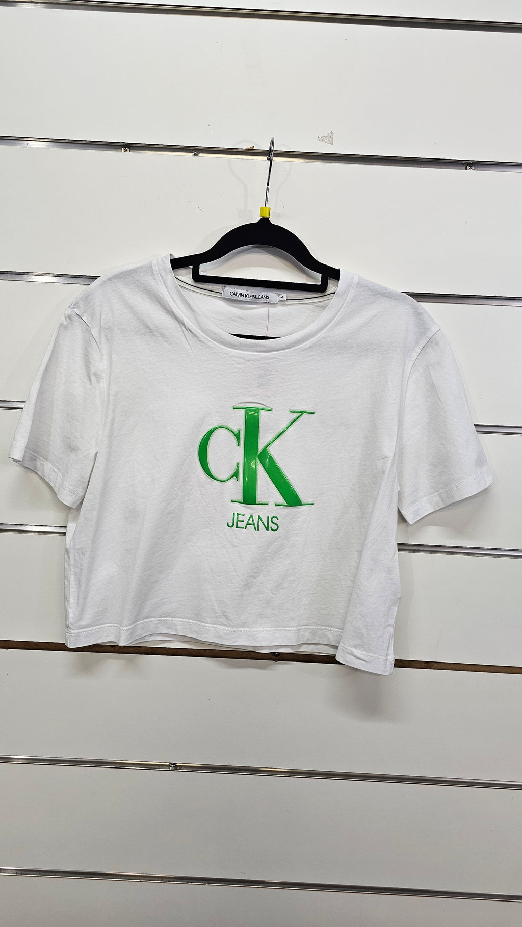 CK Jeans White Cropped T-Shirt with Green Logo - M