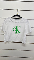 CK Jeans White Cropped T-Shirt with Green Logo - M