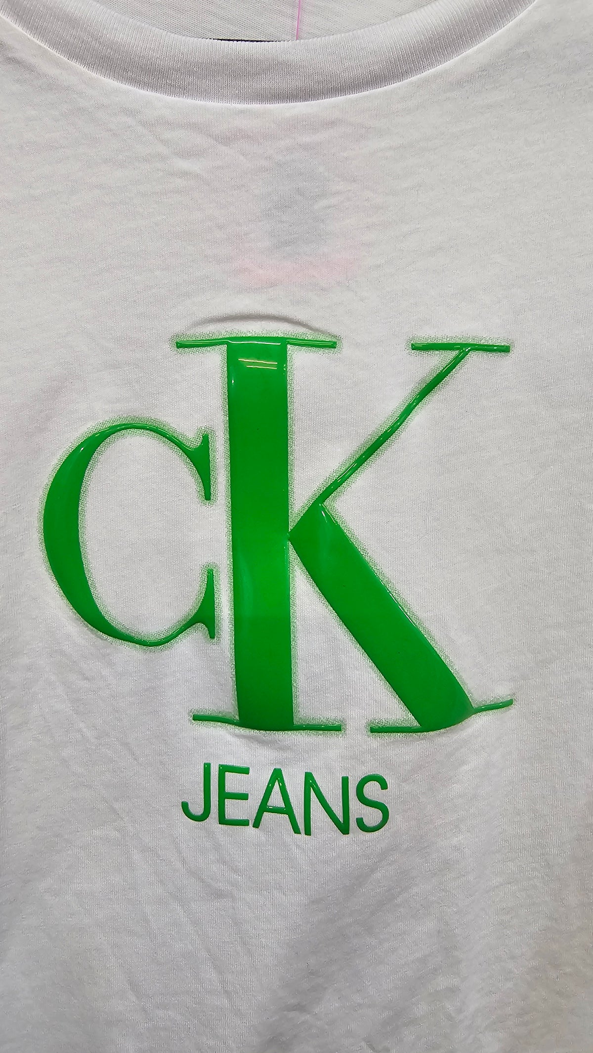 CK Jeans White Cropped T-Shirt with Green Logo - M