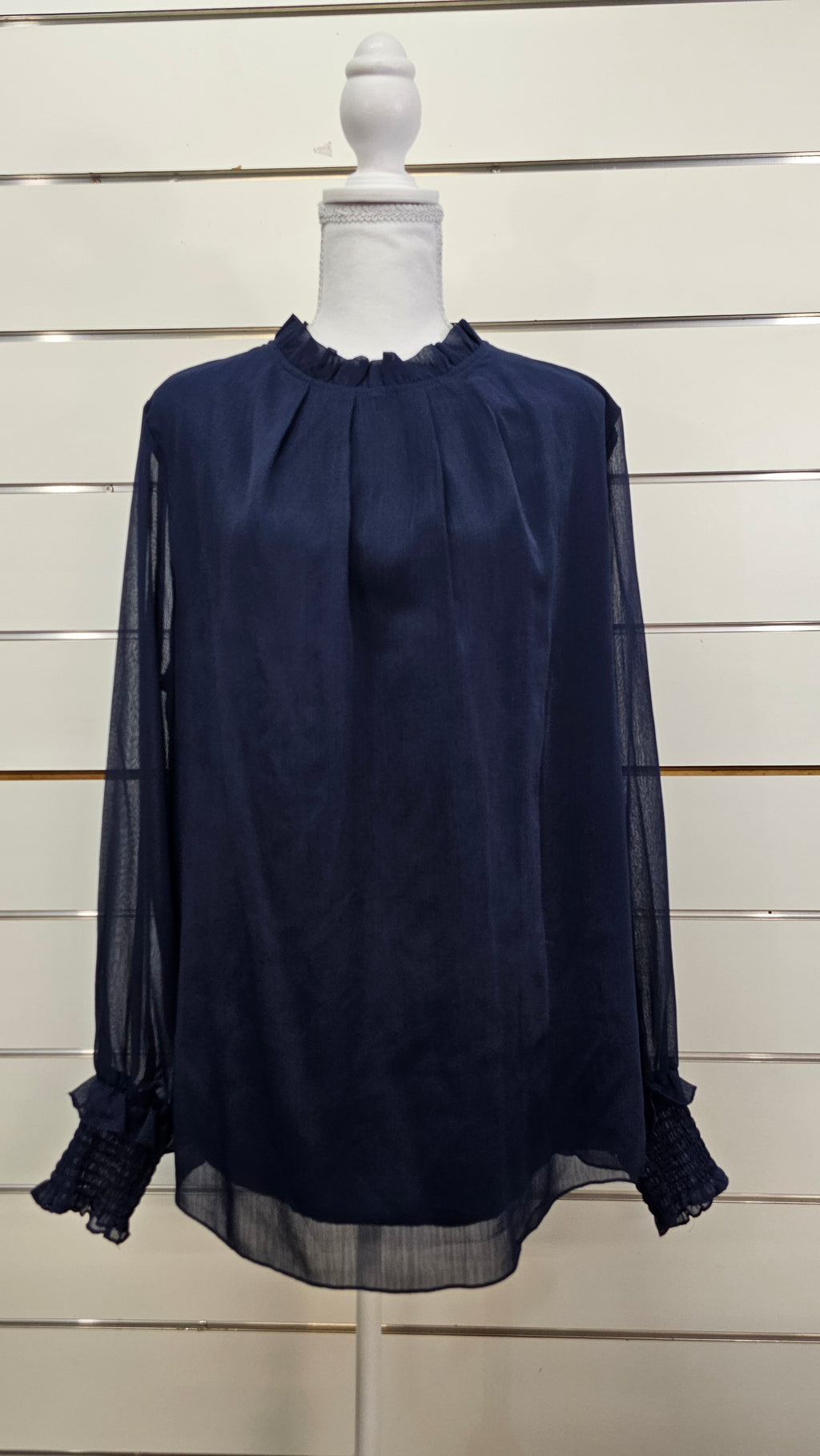 Navy Lined Long-Sleeve Chiffon Blouse - 2XL