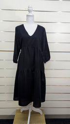 Sass Black V-Neck Midi Dress with Three-Quarter Sleeves - 14