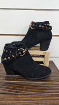 H&H Black Velvet Block-Heel Boots with Gold Buckle - 6