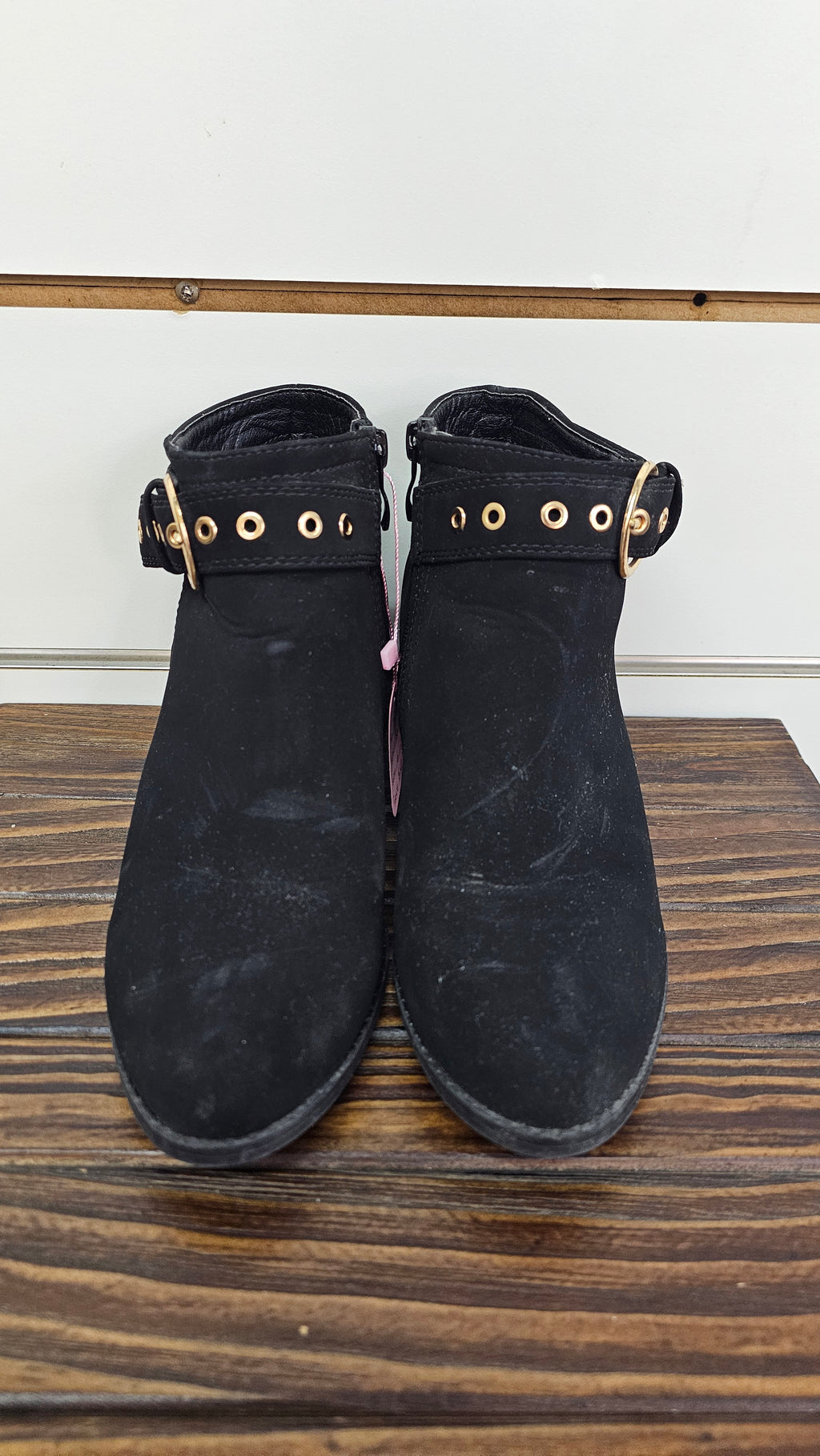 H&H Black Velvet Block-Heel Boots with Gold Buckle - 6