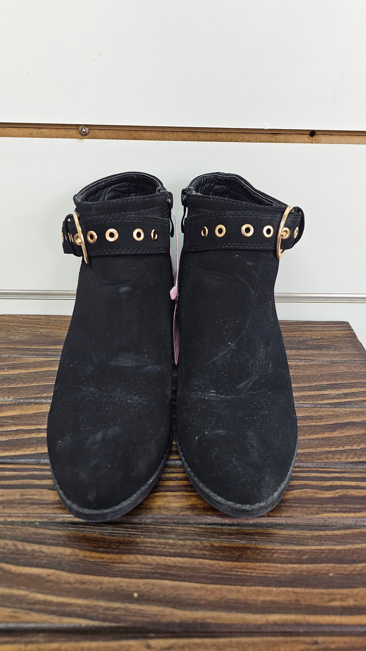 H&H Black Velvet Block-Heel Boots with Gold Buckle - 6