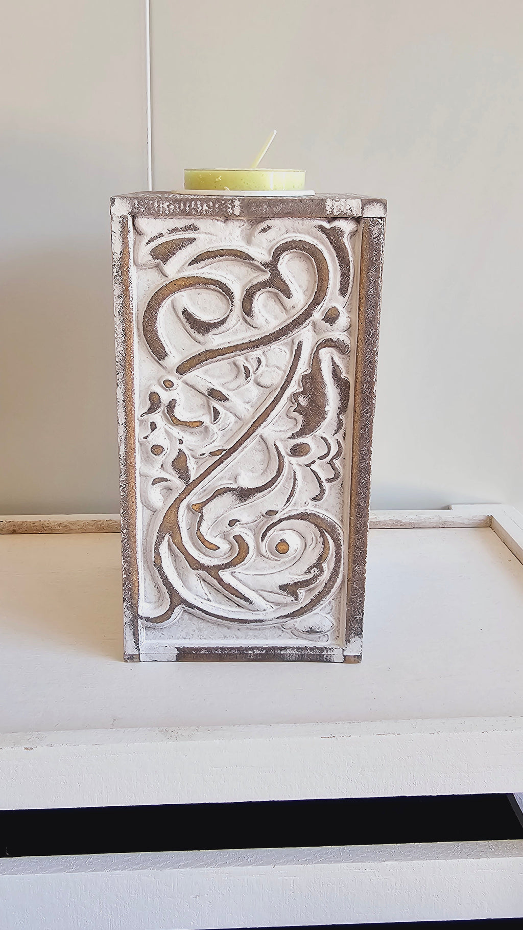 Shabby Chic Candle Holder with Light Green Candle image 0