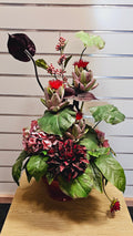 Red Silk Flower Arrangement in Maroon Vase image 0