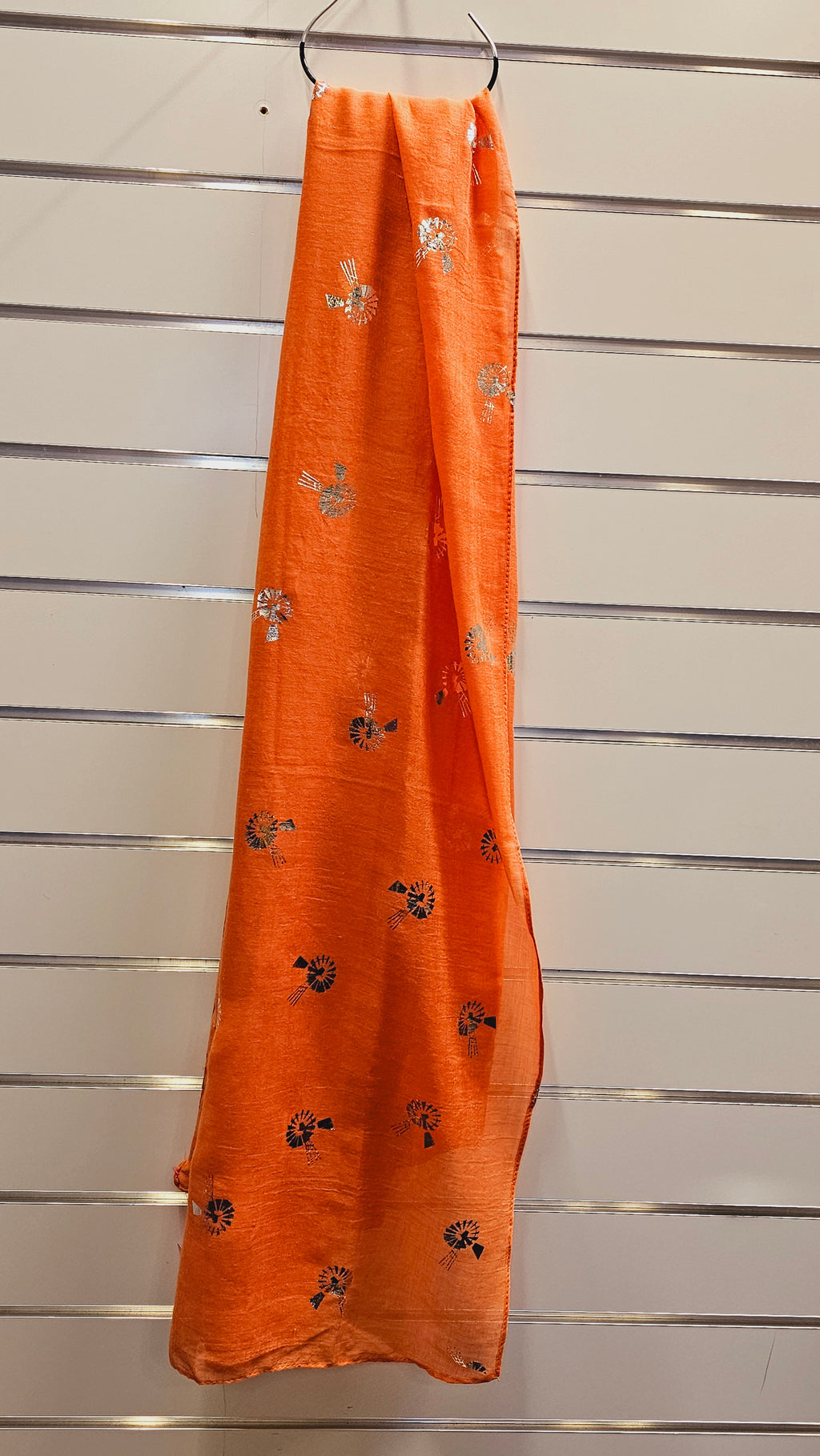 Orange Scarf with Silver Windmill Print – Soft Lightweight Wrap image 0