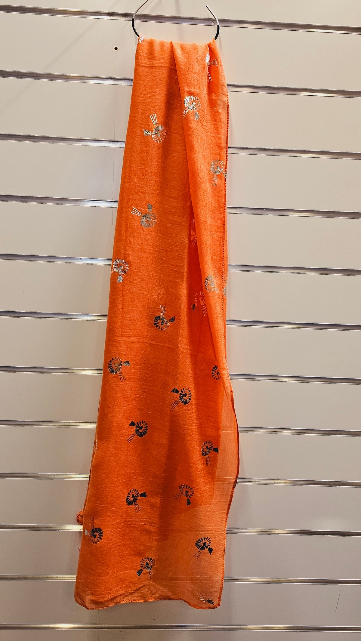 Orange Scarf with Silver Windmill Print – Soft Lightweight Wrap image 0
