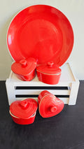 Red Plate & 4 Heart Cocottes with lids - Set image 0