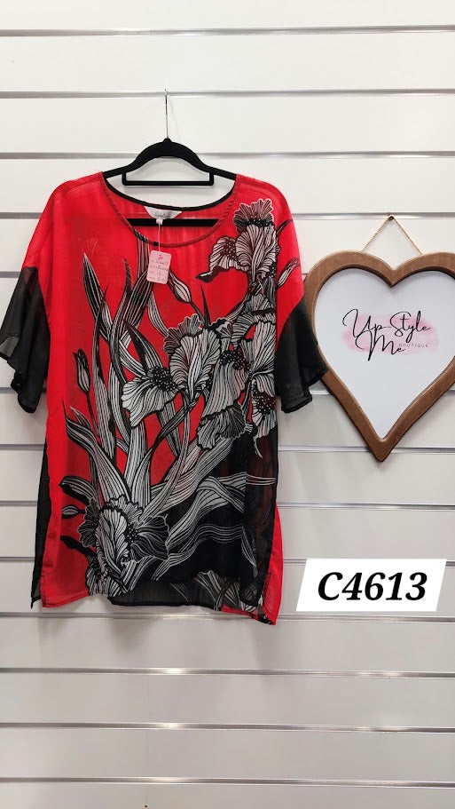 Ella J Red/Black Floral Blouse - 12