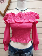 Smocked Hot Pink Blouse with Ruffles - L