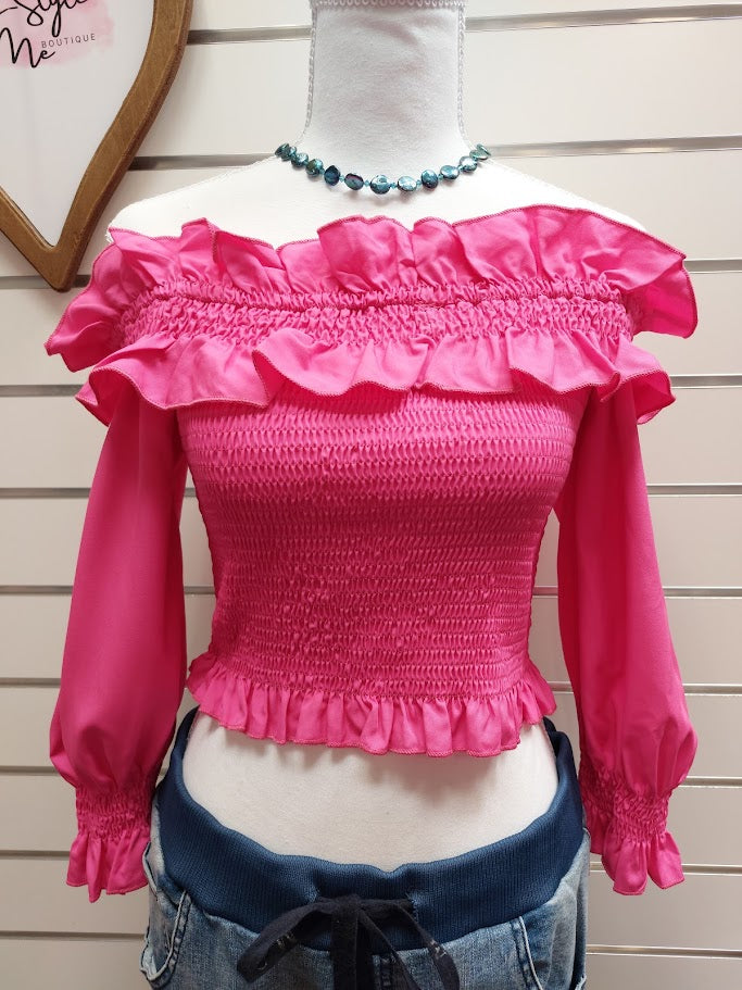 Smocked Hot Pink Blouse with Ruffles - L