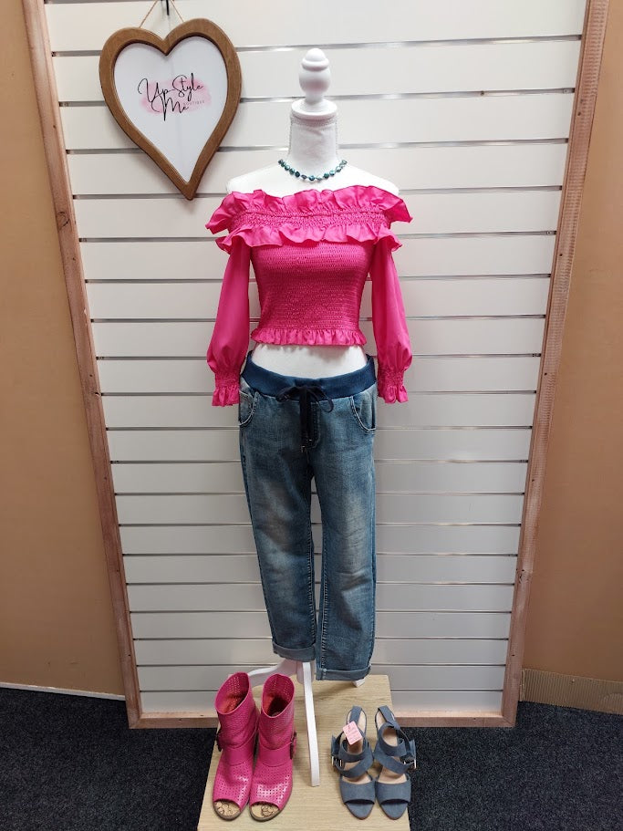 Smocked Hot Pink Blouse with Ruffles - L