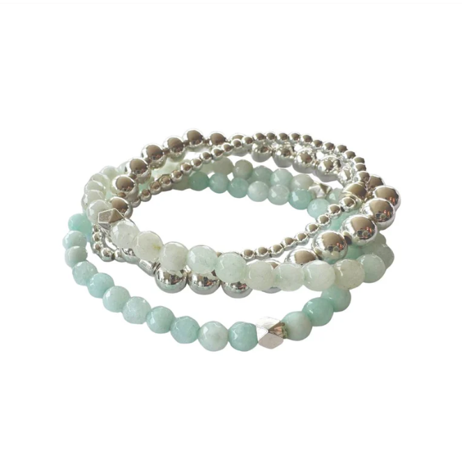 Beaded Bracelet Set - Mint & Silver