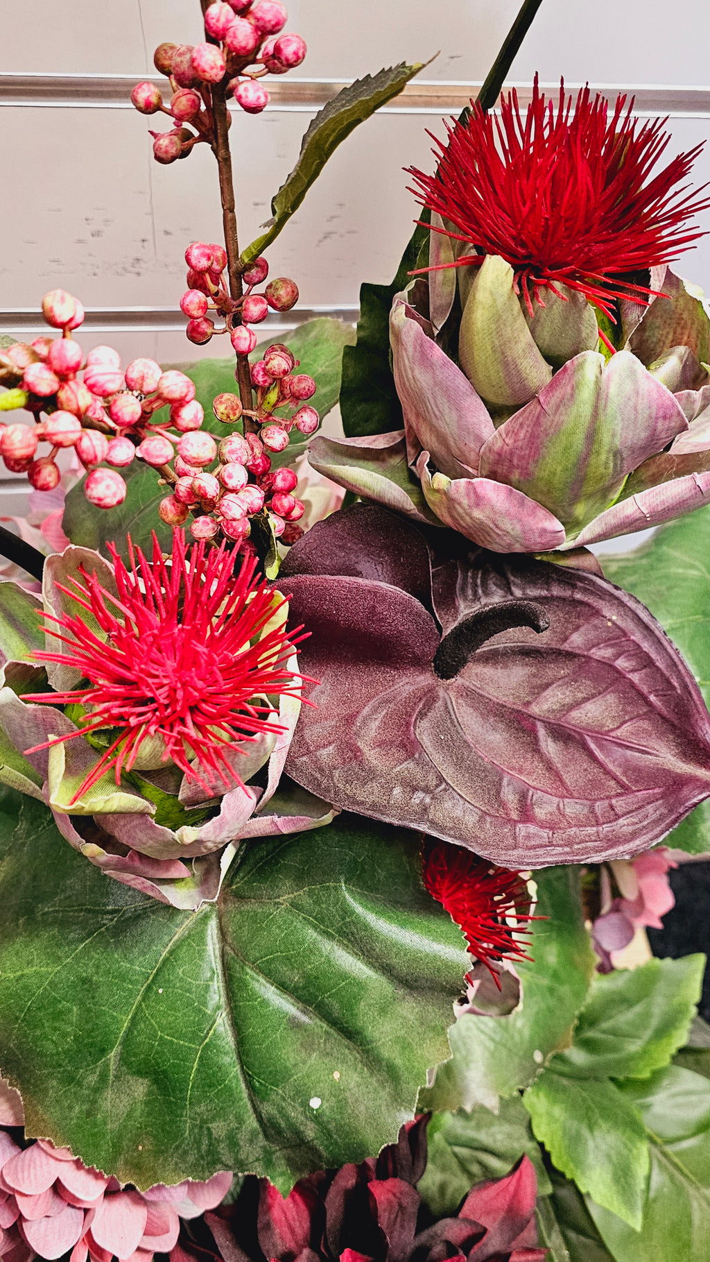 Red Silk Flower Arrangement in Maroon Vase image 1