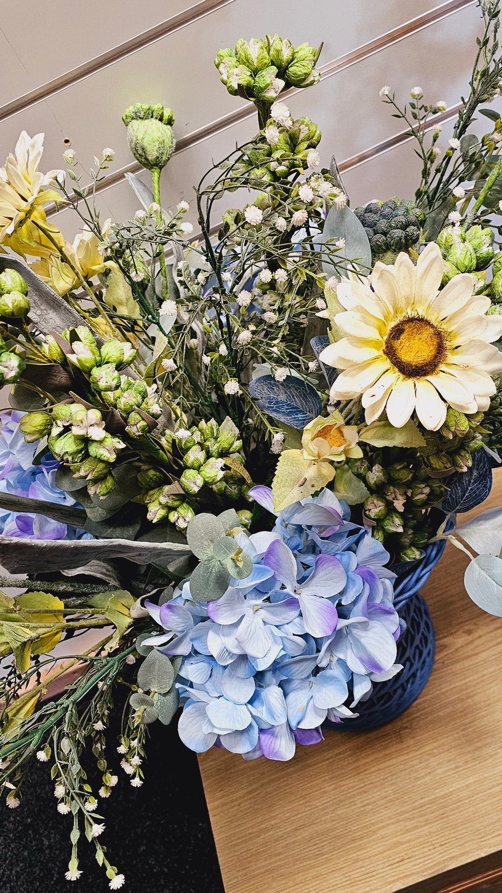 Blue Hydrangea Spring Arrangement in Blue Vase image 2