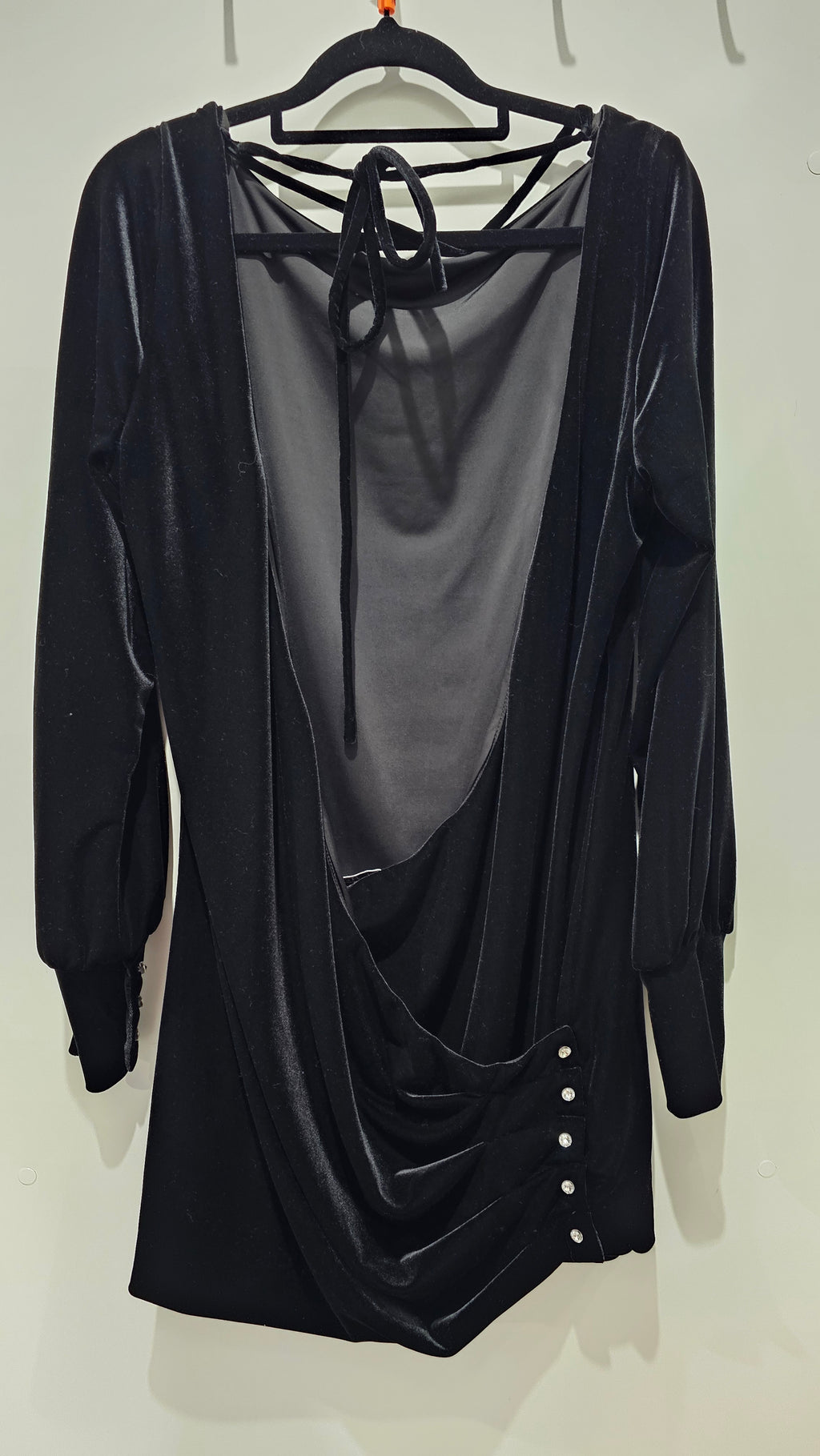 George Evening Black L/S Low Back Velvet Dress with Diamante Buttons - 10