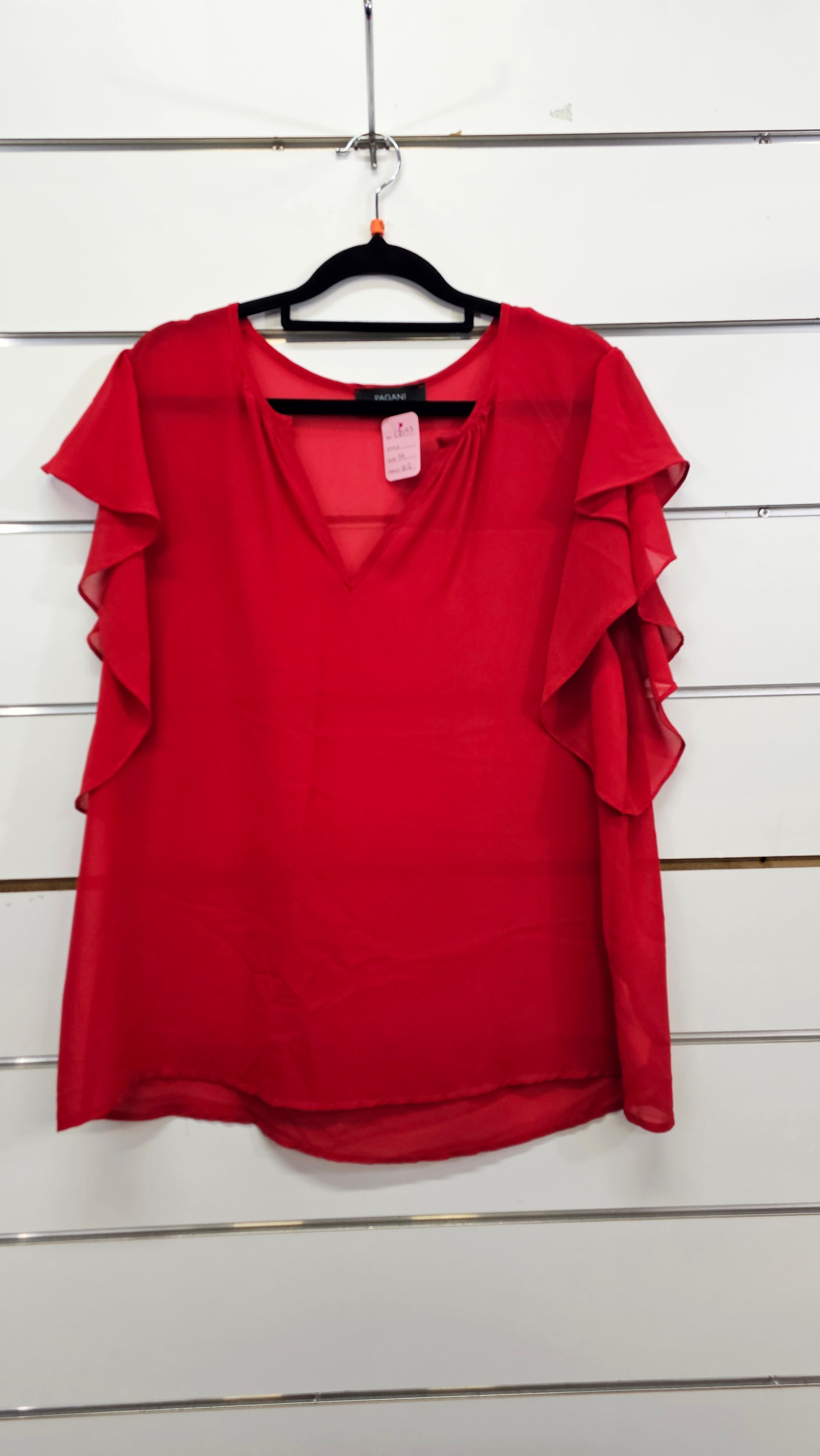 Pagani Red Chiffon Top, Cap Sleeves, Ruffles, V-Neck - 14