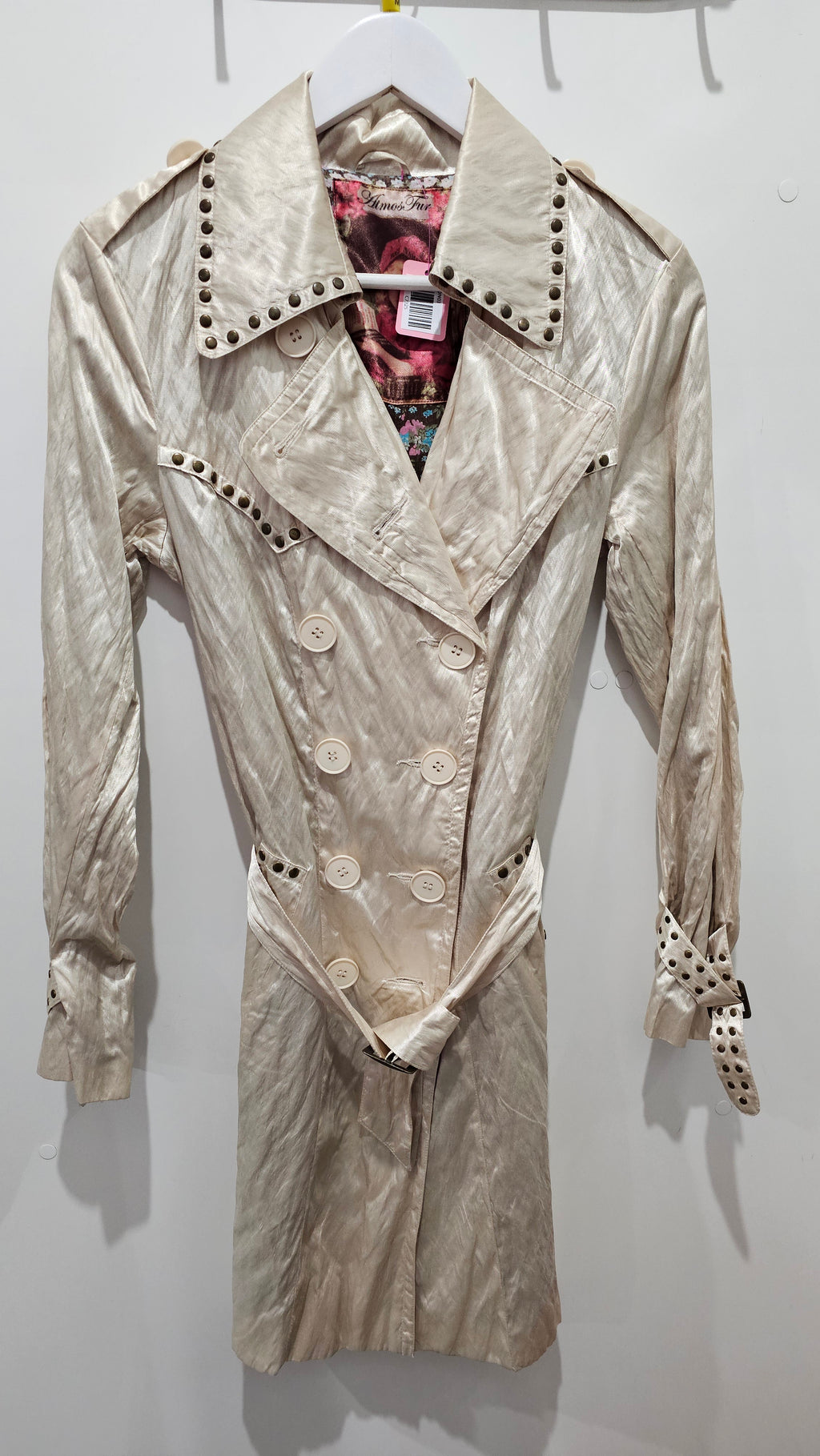 Atmos Fur Cream Double Breasted Coat with Bronze Studs - M