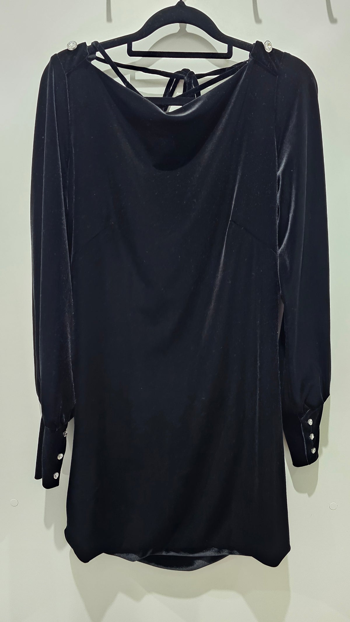 George Evening Black L/S Low Back Velvet Dress with Diamante Buttons - 10