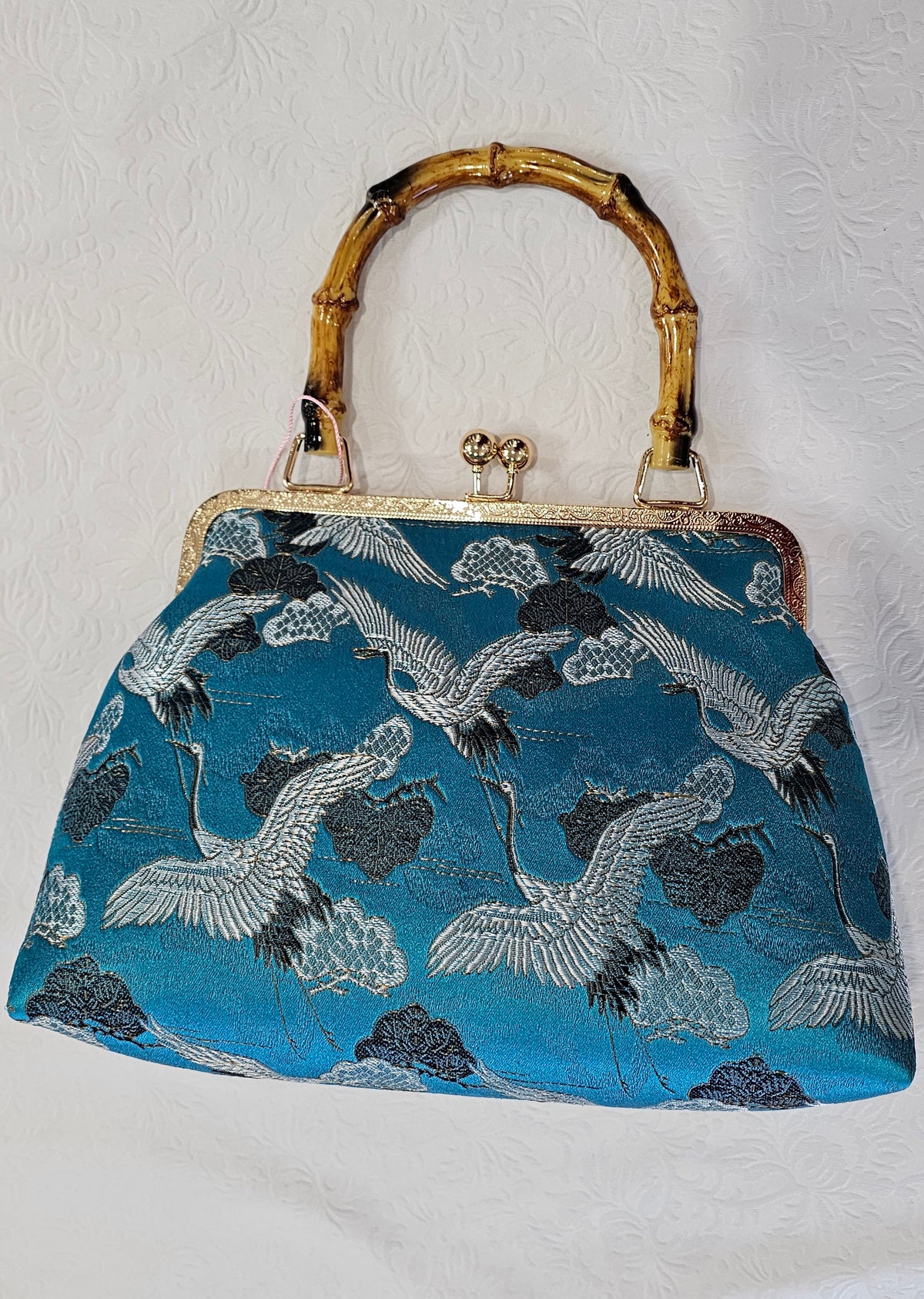 Blue Embossed Crane Bird Bag with Cane Handles