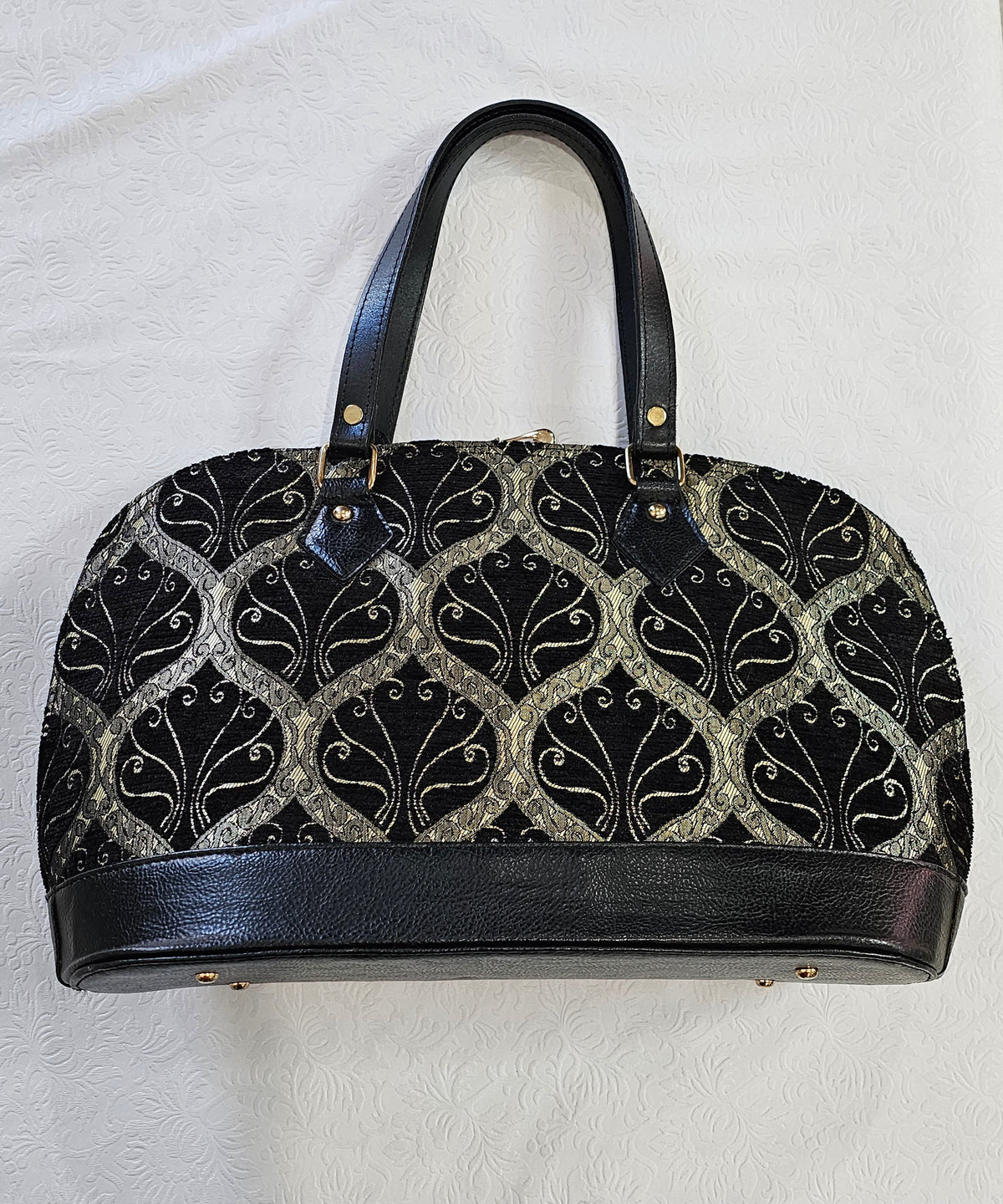 Black Embroidered Bag with Gold Hardware